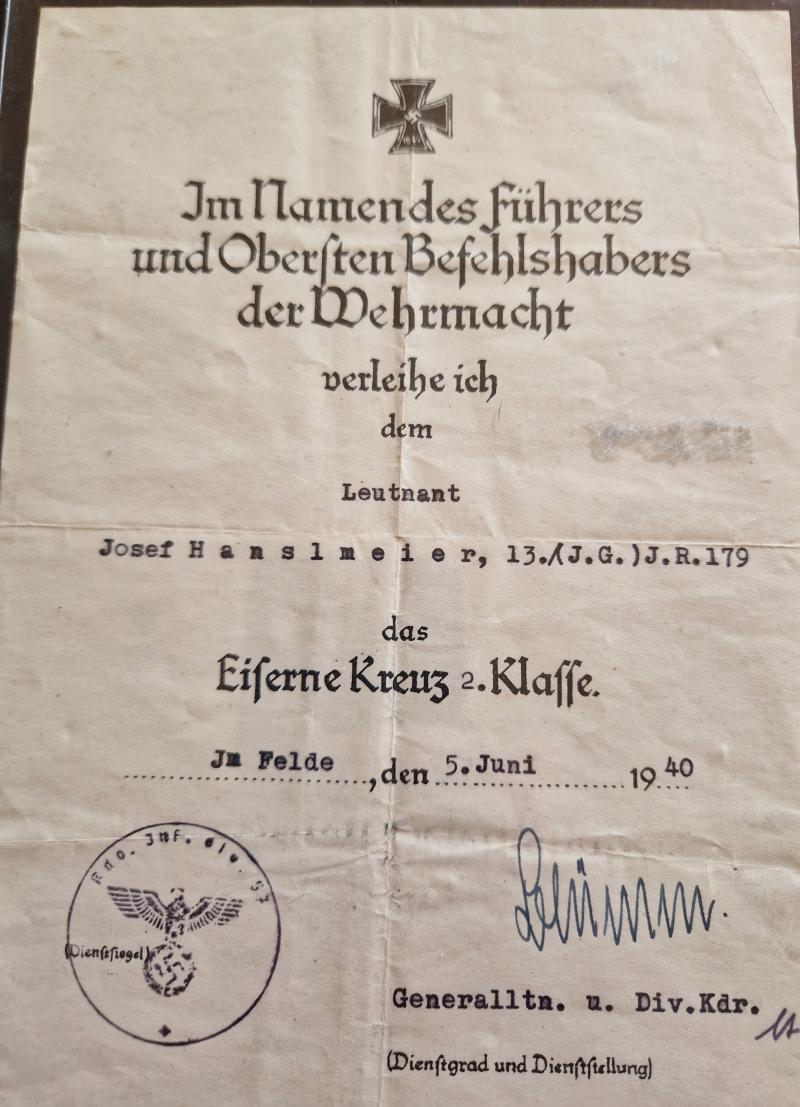 Iron Cross 2nd Class 1939 Citation